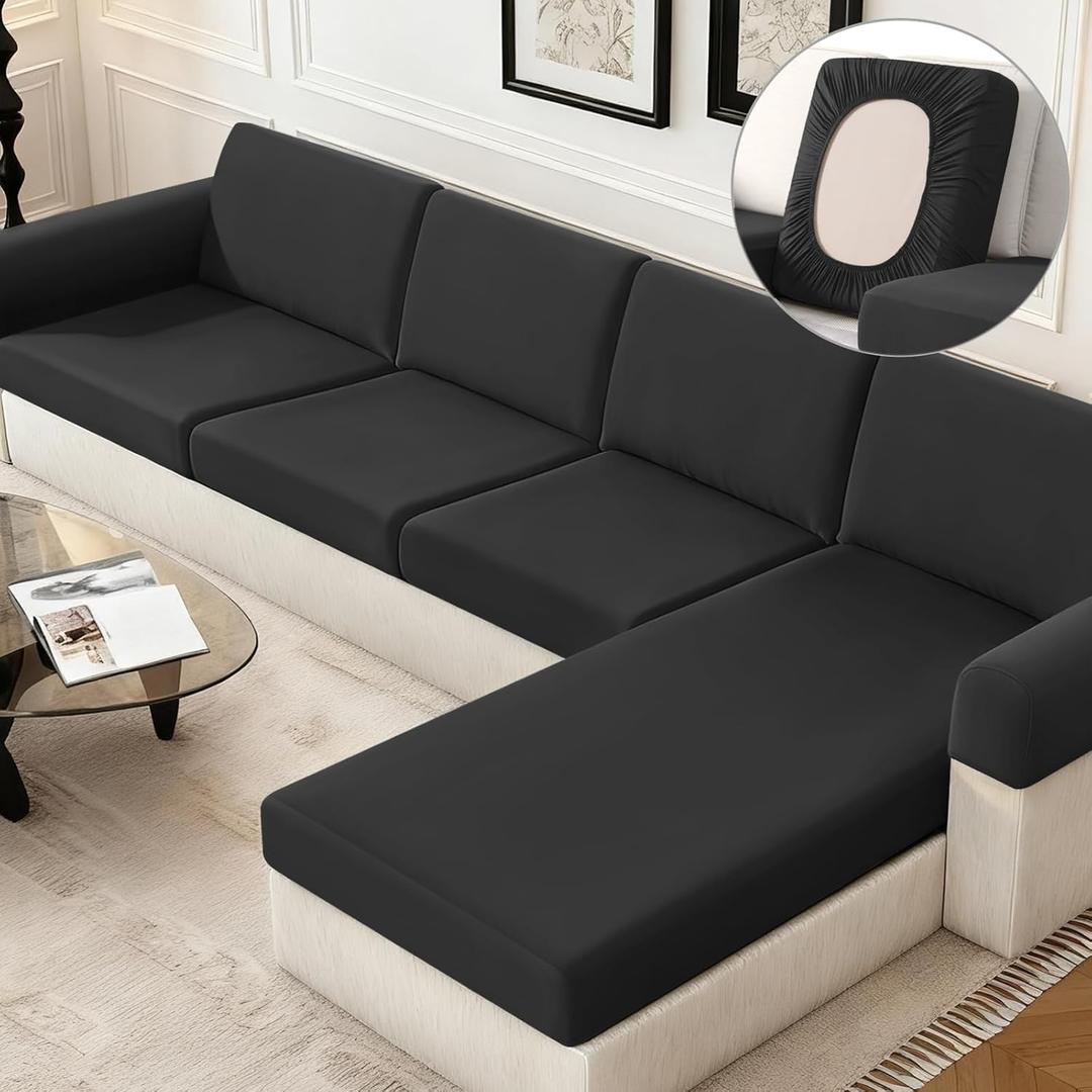 KinCam Couch Cushion Covers, Stretch Sectional Couch Covers Sofa Cushion for L Shaped Couch Cover Washable Sofa Slipcovers Sofa Covers(Chaise Cover, Black)