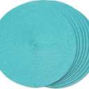 FunWheat Round Braided Placemats Set of 8 Place Mats for Dining Table Woven Washable Non-Slip Table Mats 15 Inch(Turquoise,8pcs)