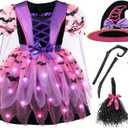 Spooktacular Creations Girls Light Up Witch Costume, Kids Witch Costume with Hat and Broom for Toddler Halloween Dress Party (Toddler(3-4 yrs), Pink)