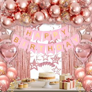 Rose Gold Birthday Party Decorations, Happy Birthday Banner, Rose Gold Fringe Curtain, Heart Star Foil Confetti Balloons, Hanging Swirls for Women Girls Birthdays Princess Party