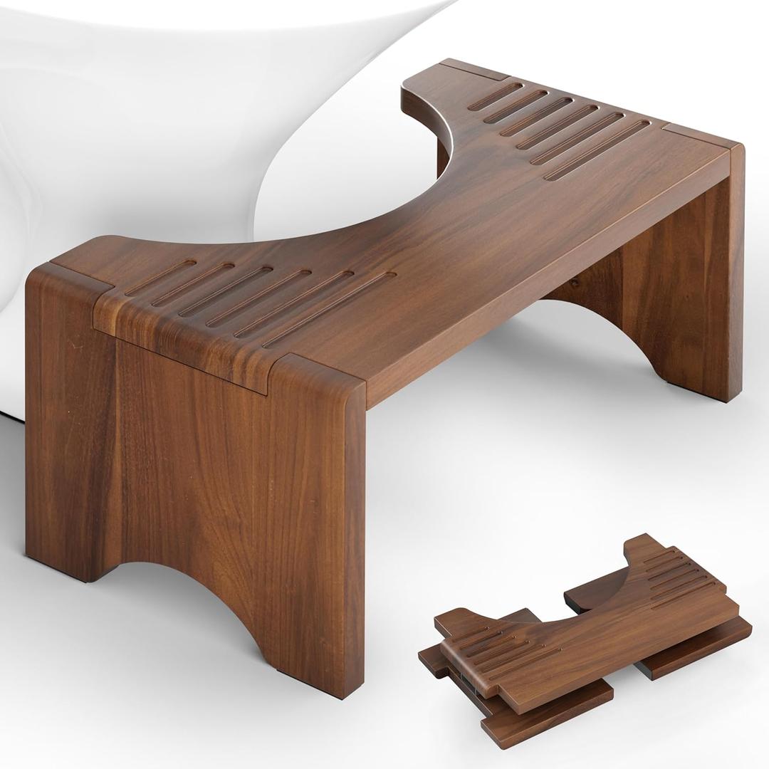 Foldable Toilet Stool, Acacia Wood Poop Stool for Potty Training, 7 Inch Wooden Bathroom Aid for Comfortable Posture (Walnut, Foldable)