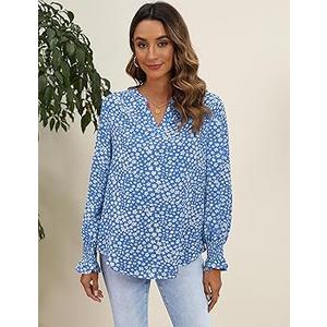 HOTOUCH Women Bohemian V Neck Floral Print Smocked Long Sleeve Casual Tops Chiffon Blouses Boho Shirts (X-Large)