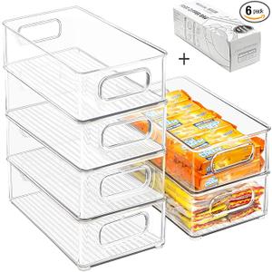 Stackable Refrigerator Organizer Bins, 6 Pack Clear Kitchen Organizer Container Bins with Handles and 20 PCS Plastic Bags for Pantry, Cabinets, Shelves, Drawer, Freezer  Food Safe, BPA Free 10"L