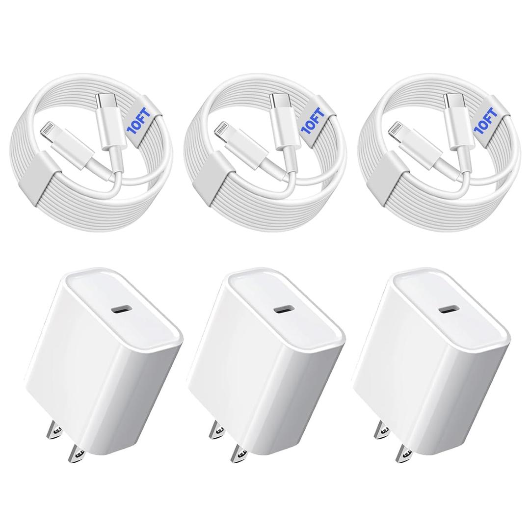 3Pack iPhone Fast Charger[Apple Mfi Certified],10FT iPhone Charger Fast Charging USB C to Lightning Cable with Type C Charger Block Fast Charging Adapter for iPhone 14 13 12 11 Pro Max X Xs Max 8Plus