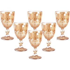 Vintage Wine Glasses Set of 6, 10 Ounces Colored Glass Water Goblets, Unique Embossed Pattern High Clear Stemmed Glassware Wedding Party Bar Glass Drinking Cups Floral Amber