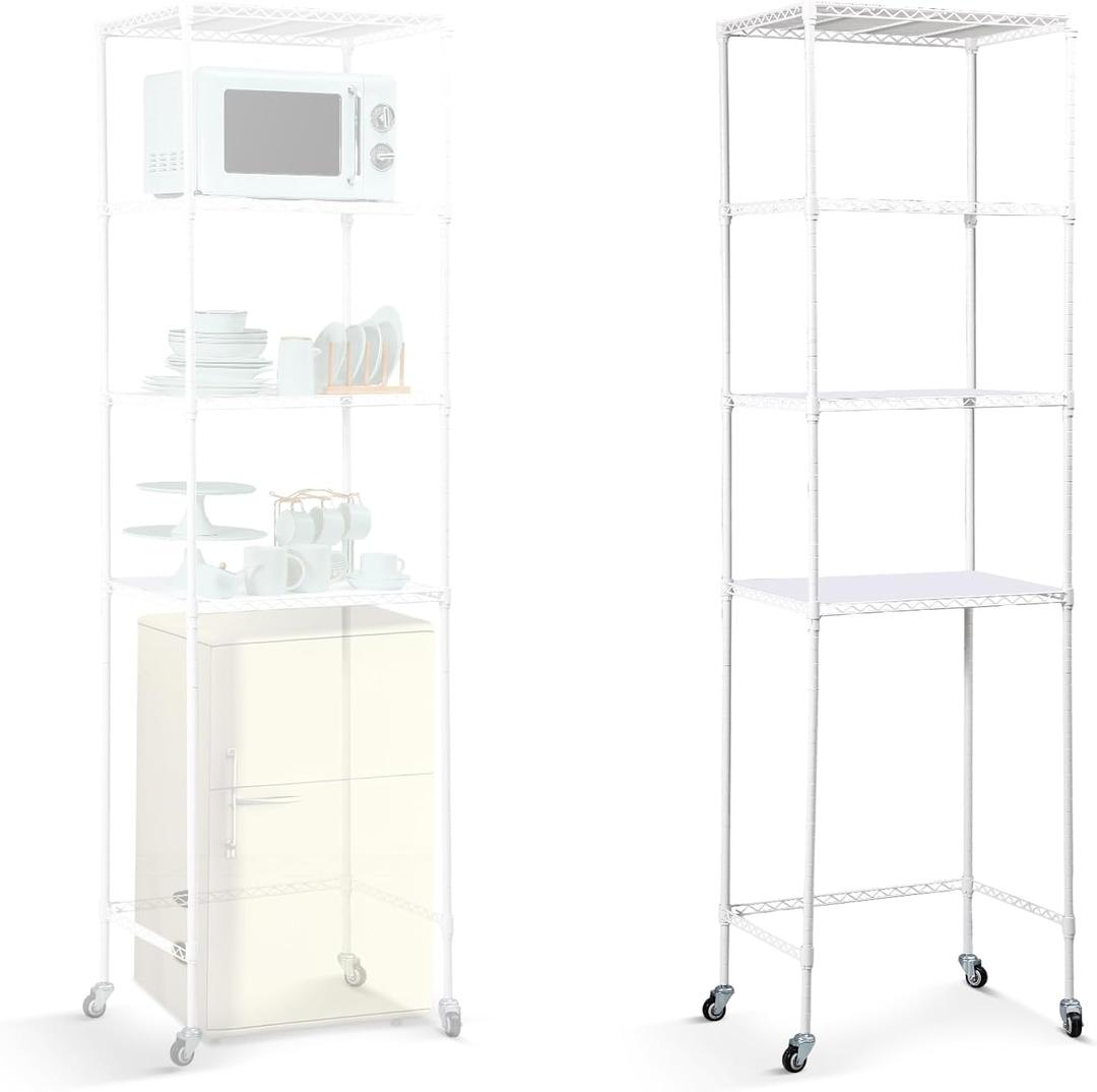 Huwena 4 Tier Mini Fridge Shelf Microwave Stand Over Height Adjustable Fridge Storage Rack with Lockable Wheels & Waterproof Mats Multilayer Metal Organizer for Dorm Apartment Kitchen Office(White)