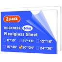 (2 Pack) 20" x 24" Plexiglass Sheets 1/4 inch Thick (6mm), Clear Acrylic Sheets Panel Cut to Size Plexiglass Acrylic Board, Cut with Engraver, Power Saw or Hand Tools, No Laser Cut.