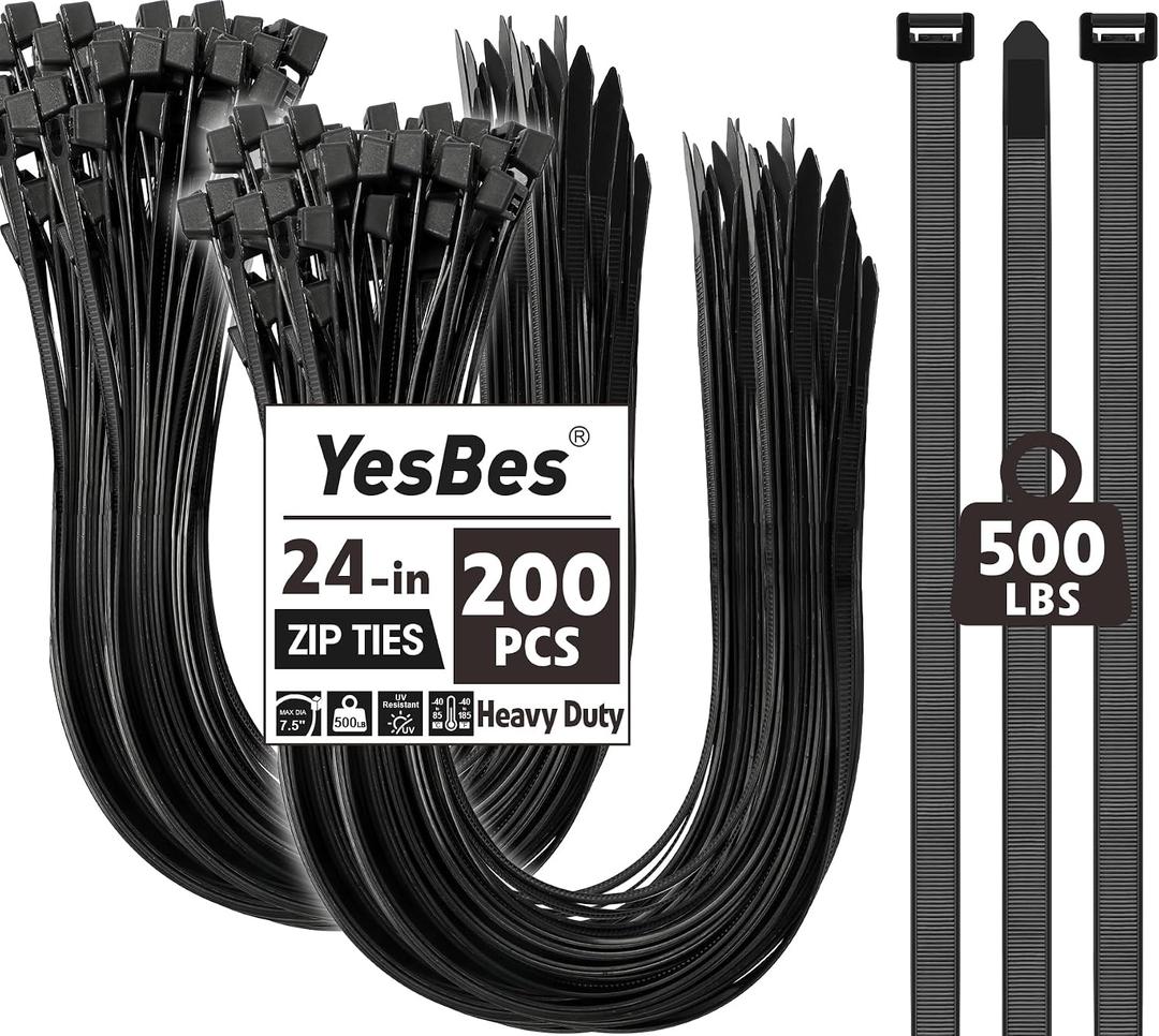 200 PCS Zip Ties 24 Inch Heavy Duty, Large Cable Ties 500lbs Tensile Strength, Black Zip Ties for Indoor and Outdoor Use, UV Resistant Wire Ties