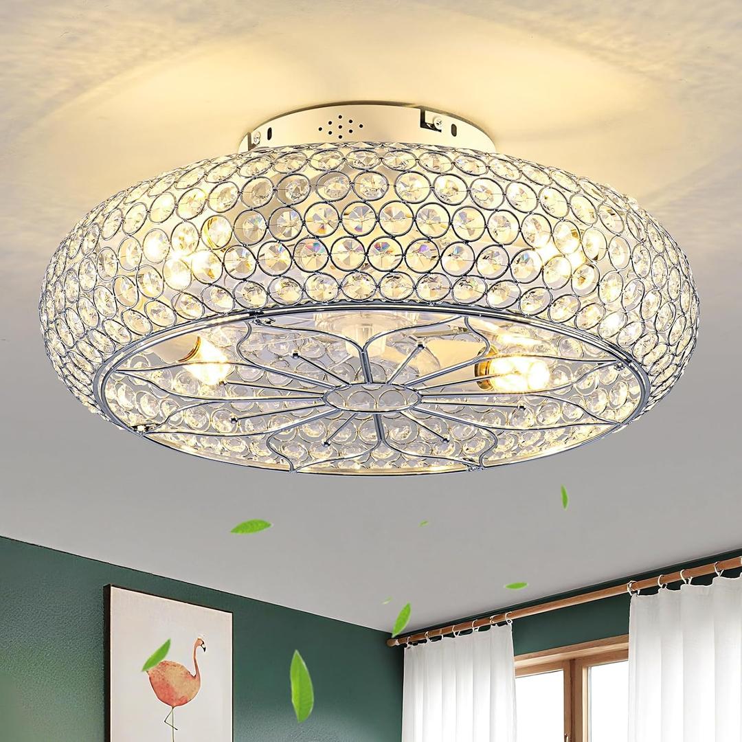 Caged Crystal Ceiling Fans with Lights and Remote,20" Flush Mount Low Profile Ceiling Fan with Light,6 Speed Enclosed Ceiling Fan with Reversible Motor for Bedroom Living Room|(4 E26 Bulbs Included)