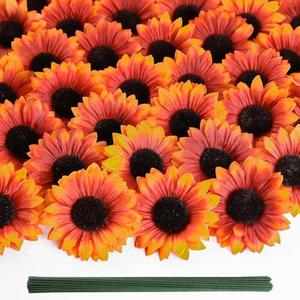Coferset 40pcs Fake Sunflower Heads with Stems, 4" Fall Sunflower Artificial Silk Flower Heads for Party Baby Shower Wedding Making Handicrafts Home Fall Decor(Fall Orange)