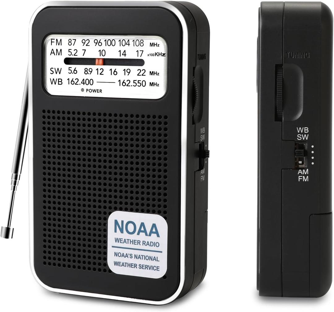 4 Bands AM FM SW NOAA Pocket Radio, Battery Powered Rechargeable Radio, Shortwave WB Radio with Stereo Earphone Jack, Speaker, Transistor Radios 2 AA Battery for Emergency, Hurricane, Walking, Home