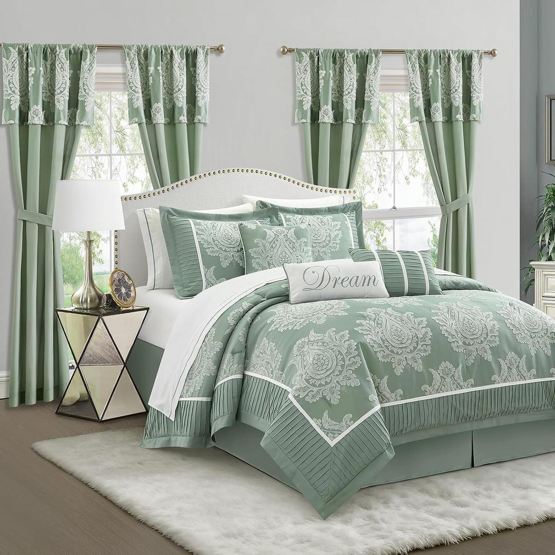 LANCO MODERN LIFESTYLE Sage King Size Comforter Set, 15 Pieces, Damask Jacquard Woven, Bedding Set with Sheets, Room in a Bag, Comforter, Bed Skirt, Pillow Shams and Decor Pillows, Curtains