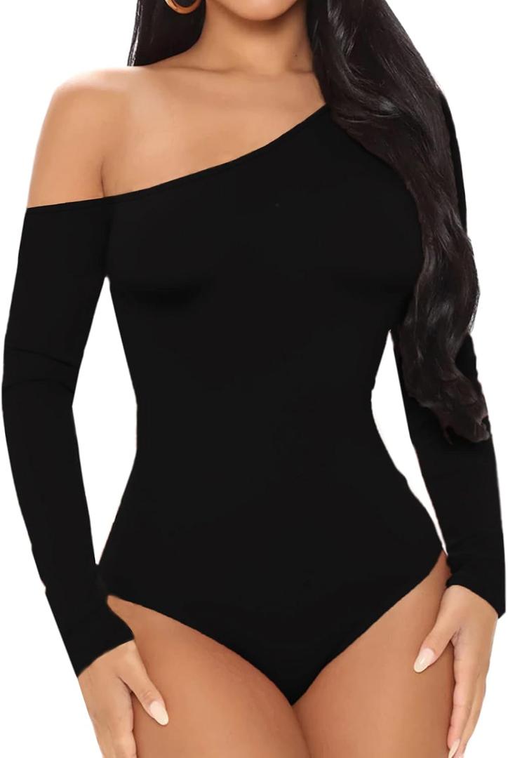 BelleLovin AESLOVIN Women's sexy One Shoulder Long Sleeve Tops T Shirt Bodysuit Jumpsuit (Black, XL)