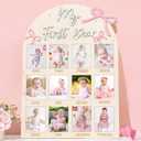 Pink Bow First Year Photo Board Coquette Bow Birthday Party Wooden Board Decorations 12 Monthly Milestone Picture Frame One Year Old Wood Sign 1st Birthday Photo Banner for Baby Girls Keepsake Gift