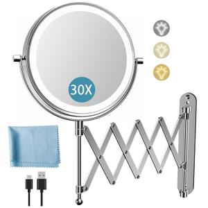 5000mAh Rechargeable Wall Mounted Makeup Mirror - 8 Inch Double Sided 1X/30X Magnifying Mirror with 3 Color Lights Dimmable Touch Screen, 360Swivel 19.6 Inch Extendable Accordion Bathroom Mirror (Chrome)