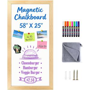 Large Magnetic Chalkboard for Wall, 58 x 25 Inch Solid Wood Framed Natural Whiteboard, Wall Mounted Chalk Board for Kitchen, Restaurant, Food Truck and Calendar Board