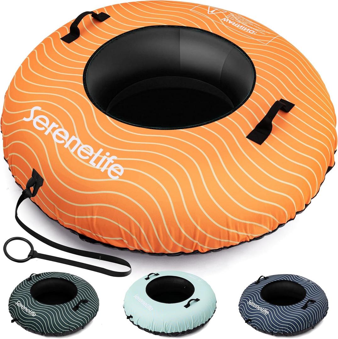 SereneLife 44"/48'' Snow Tube for Sledding - Heavy Duty Rubber Inner Tube, Oxford Cover, Thickened PVC Bottom & Tow Strap - Inflatable Snow Sled for Kids & Adults - Perfect Winter Outdoor Fun Gift