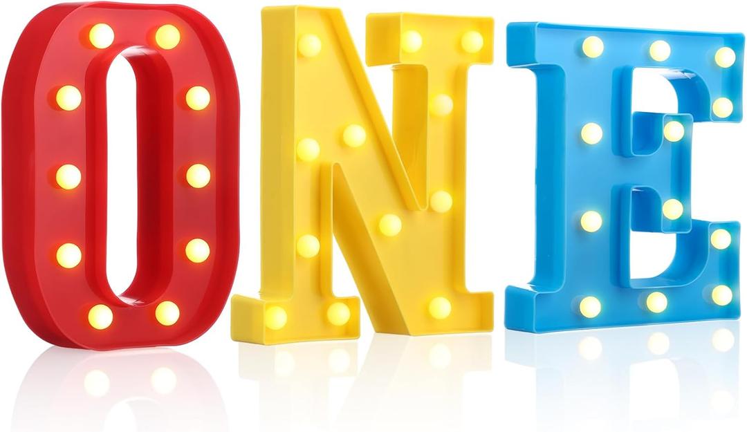 Cartoon One Letter LED Lights, Toy Inspire 8.9 Inch Battery Powered LED Marquee Letters Lights Sign for 1 Year Old First Birthday Party Supplies Table Centerpieces Photo Prop Decor (Rainbow)
