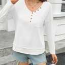 Tankaneo Womens V Neck Henley Shirts Casual Long Sleeve Flowy Tees Cute Loose Fit Tops with Pocket (S)