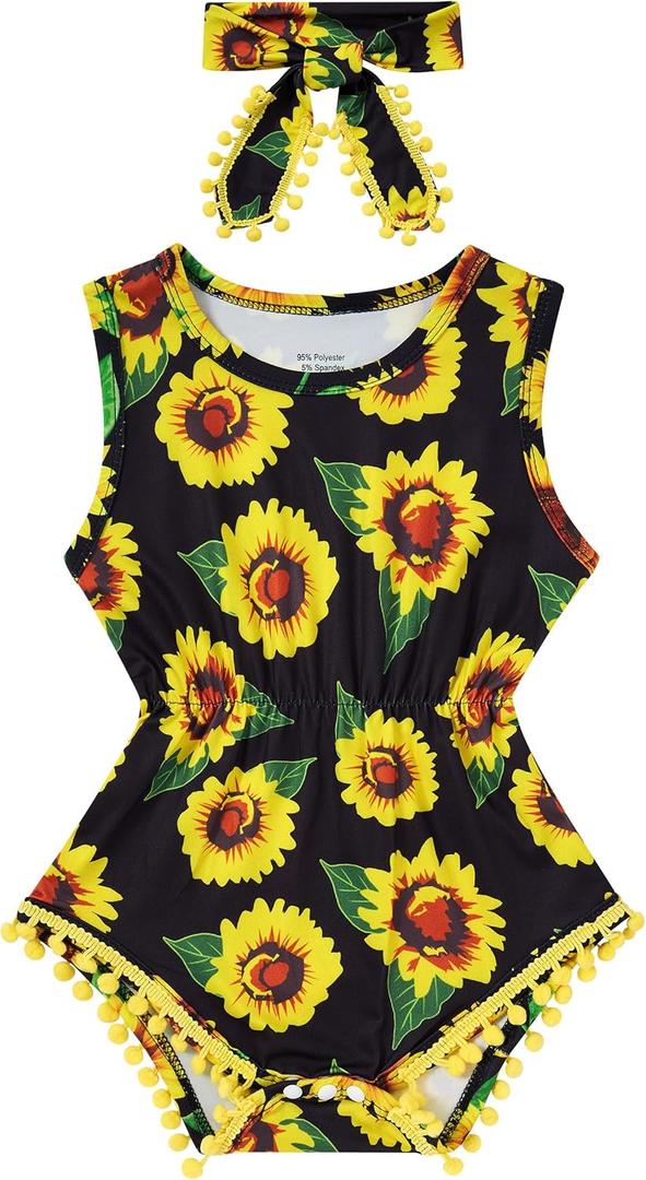 UNICOMIDEA 0-24 Months Baby Floral Romper Infant Playsuits Headband Jumpsuit Toddlers Outfits (Black)