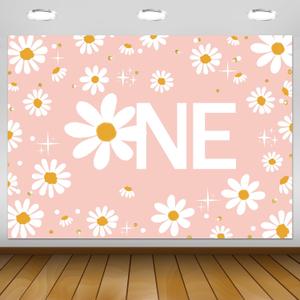 Mocsicka Retro Daisy First Birthday Backdrop Boho Daisy Birthday Background Bohomian Daisy Floral Groovy 1st Birthday Party Decor Cake Table Portrait Photoshoot Studio Props (Pink, 7x5ft)