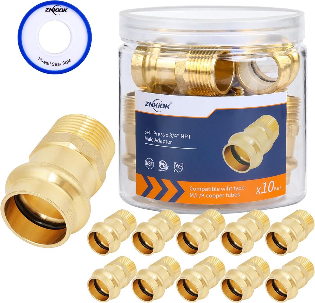 (Znkiok 10 Pack) Press Fittings,3/4"Press x 3/4" Male NPT Adapter With EPDM O-Ring For Copper Pipe And NPT-Pipe Connections, Leaking Before Press,Lead-Free Brass.