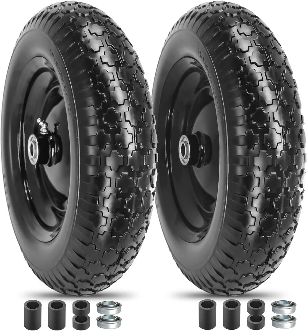 14.5 4.80/4.00-8 Flat-free Solid Tire and Wheel with 3/4 & 5/8 Bearing 3" -6" Centered Hub for Yard Cart Garden Wagon