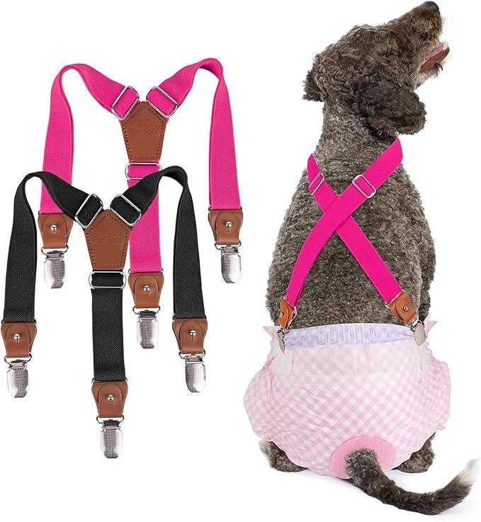 Pet Soft Dog Suspenders 2 Pieces Female Dog Diaper Suspenders for Dogs Diaper Keeper Suspender for Dogs Skirt, Doggy Dress (Black & Pink, S/M)