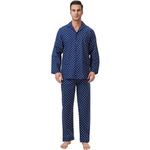 GLOBAL Mens Pajamas Set, 100% Cotton Woven Drawstring Sleepwear Set with Top and Pants/Bottoms (Medium, Dark Blue)