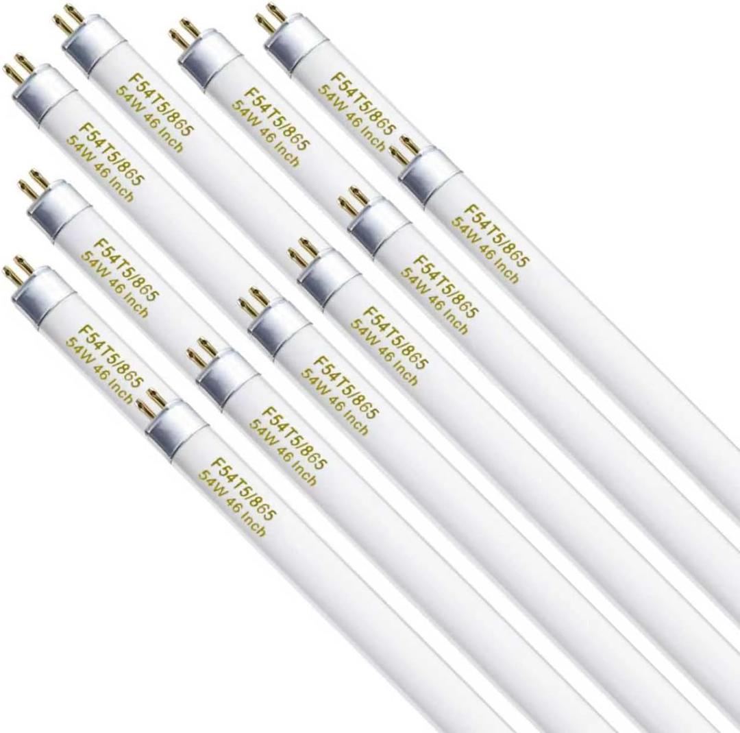 Konideke F54T5/865/HO 54 Watt 46 Inch T5 Fluorescent Tube Light Bulb, T5 54W Grow Light, 6500K Daylight, 5000 Lumens, High Output, G5 Bi-Pin Base, 12 Pack