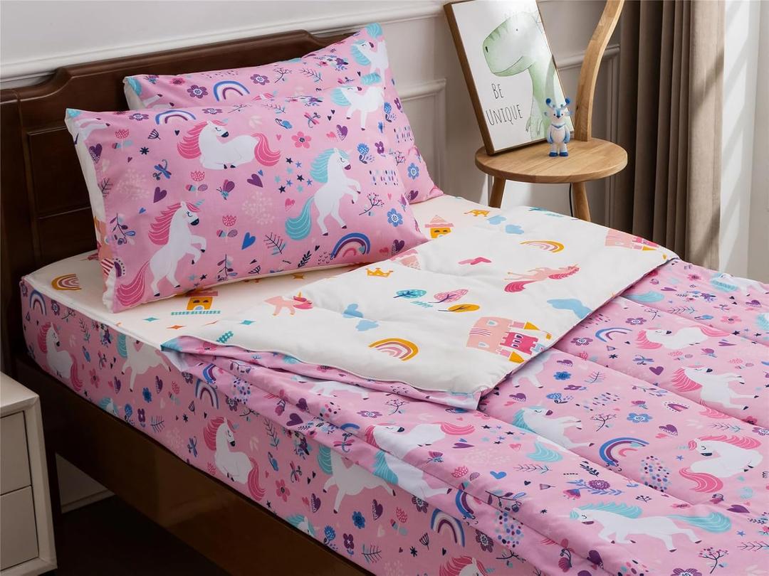 NTBED Unicorn Printed Zipper Bedding Sets Twin Lightweight Microfiber Floral Comforter Set with Fitted Sheet Pillow Covers,Pink