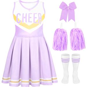 Cheerleader Costume for Girls Cheerleader Outfit for Kids Cheerleading Dress with Pom Poms for Halloween Dress Up (10-11 Years)