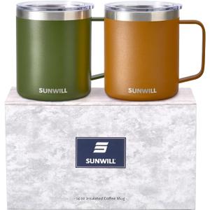 SUNWILL Travel Coffee Mug with Lid, Insulated Tumbler Set of 2, Stainless Steel Cup 14 oz for Camping, Outdoor, Gifts, Powder Coated Olive & Caramel