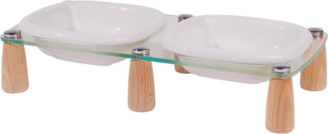 Elevated Cat Bowl and Dog Bowl - Ceramic Raised Pet Bowl with Acrylic & Beech Wood Stand for Neck & Whisker Relief,Non-Slip Glaze Weighted Food Water Set for Cats &Small Dogs 13.5OZ