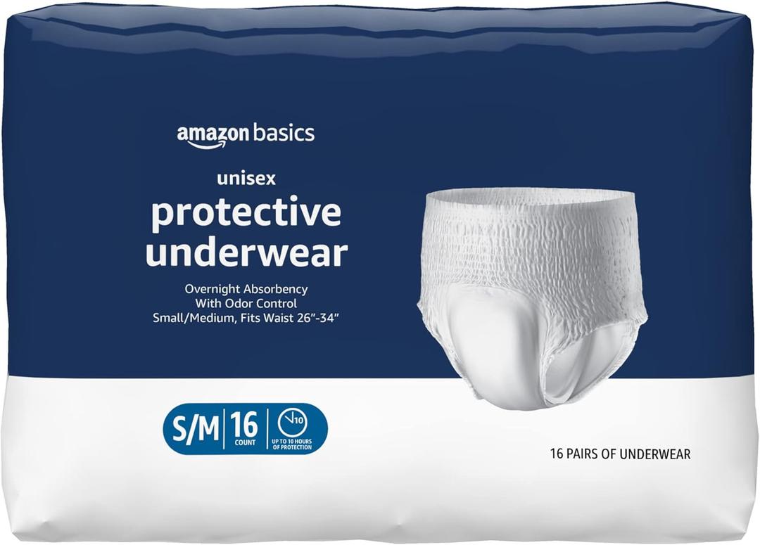 Amazon Basics Unisex Protective Underwear, Overnight Absorbency, Small/Medium, 16 Count, (1 Pack of 16)