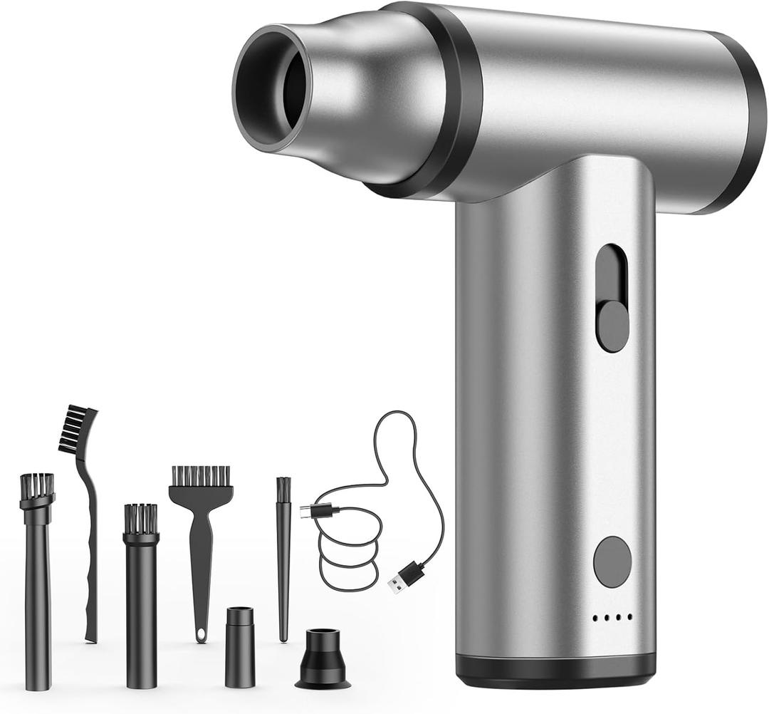 Metal Electric Compressed Air Duster, 300000RPM High Speed Rechargeable Air Blower&Pump for Leaf Blower with Digital Display, 4Speed ModesBrushless Motor Mini PC Dust Cleaner with Light(Silver)