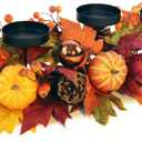 Fall Candle Holder Centerpiece for Table  Thanksgiving Table Decor with Pumpkins, Maple Leaves,Autumn Harvest Decoration with 3 Candle Holders for Dining Table, Fireplace & Home Decor (Red)