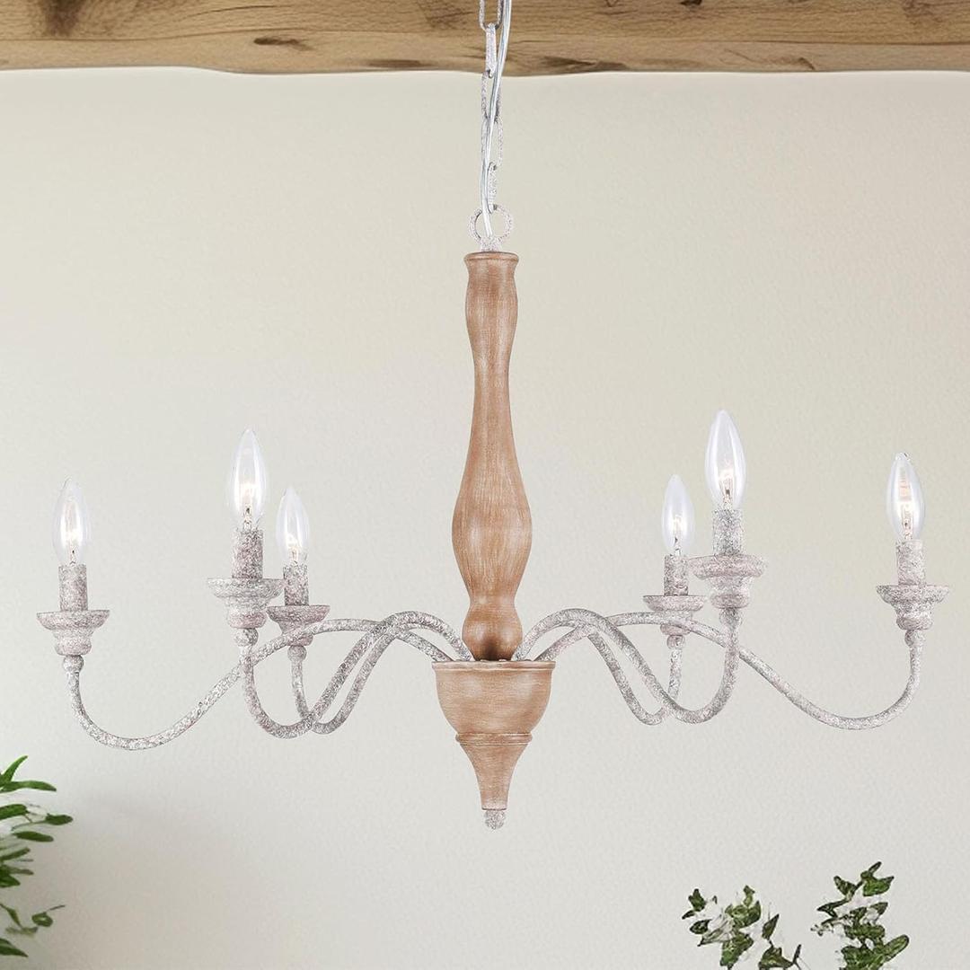 30in Large French Country Chandelier 6 Light Farmhouse Metal Chandeliers Light Fixture Distressed Wood Chandelier for High Ceilings, Kitchen Island, Living Room, Dining Room, Entryway, Foyer