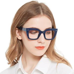 Oversized Reading Glasses for Women Thick Cat Eye Readers with Spring Hinges (Blue, 1.75 x)