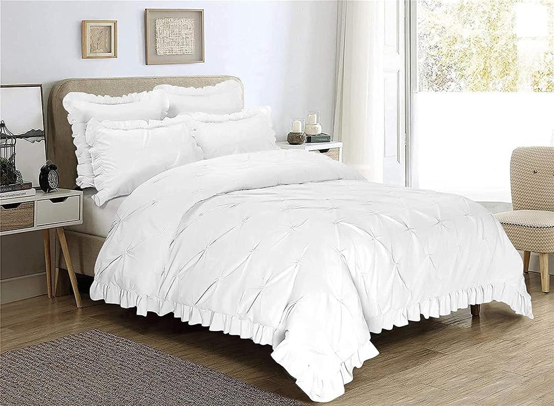 Linen Drip 3 PC Pinch Pleated Corners Ruffle Frilled Comforter Set (1 Comforter + 2 Ruffle PillowShams) with 4 Corner Tabs 100% Cotton 500 GSM Fill Power Super King (98x108) White Quilted Set