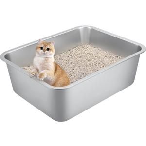 Stainless Steel Cat Litter Box for Large Cats - 17.5"x13.6"x6.1" High-Sided Metal Tray, Anti-Splash & Odor Resistant, Durable Rustproof Design, Easy to Clean 2Pcs