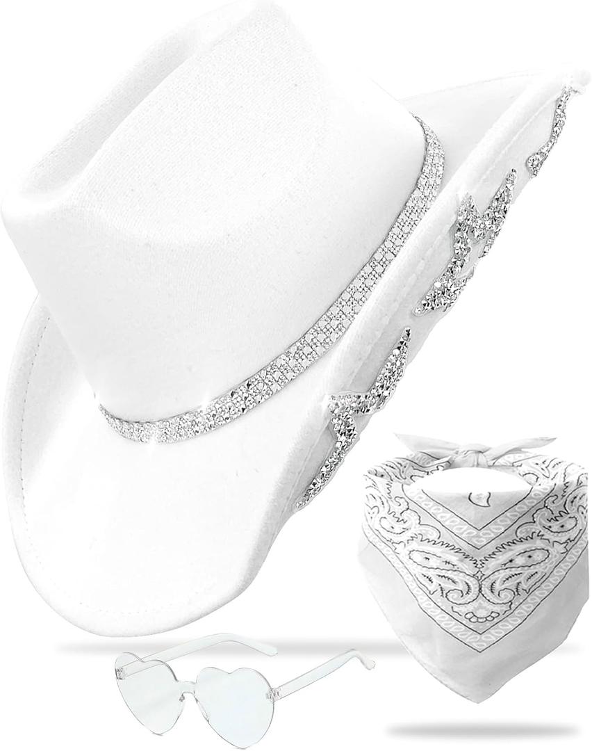 Cowboy Hat for Women Men 6 Sparkly Stars Brim & Rhinestone Belt Western Cowgirl Hat with Sunglasses Bandanas (Medium, White)