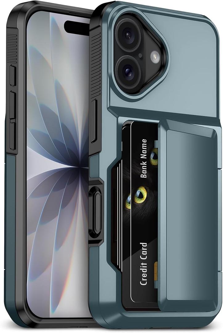 for iPhone 17 Case with Card Holder [Max 3-5 Cards] Heavy Duty Protective Shockproof Cases Dual Layer Hard PC Soft TPU Bumper Hidden Card Slot Wallet Case Cover for iPhone 17-Blue