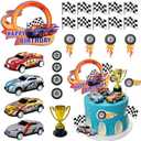 MEMOVAN Race Car Birthday Cake Decoration 24PCS Racing Car Cake Toppers Checkered Flag Cars Cake Cupcake Decorations for Man Boy Kid Racing Cars Theme Birthday Supplies Party Favors