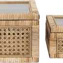 Creative Co-Op Modern Decorative Rectangle Woven Rattan and Wood Display Boxes with Glass Top, Set of 2 Sizes, Natural Finish