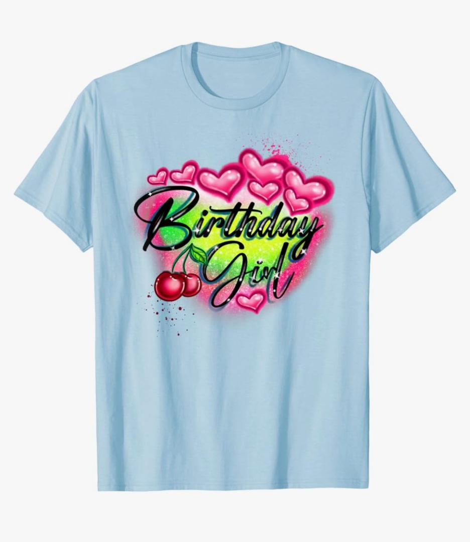Birthday Girl Classic Airbrush Style Illustration Y2K Retro T-Shirt, XL, Baby Blue