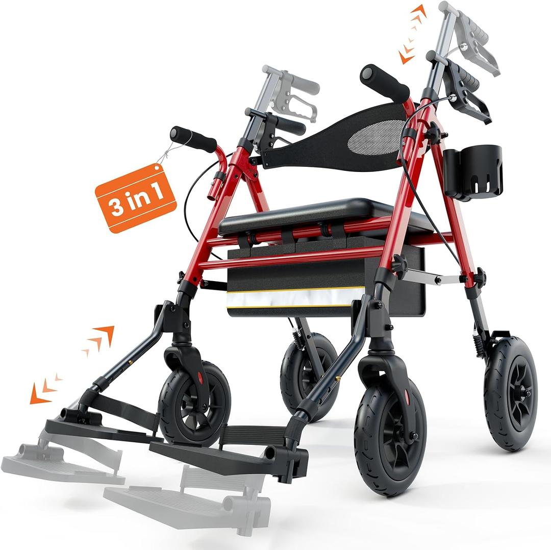 Folding 3 in 1 Rollator & Transport Wheelchair, Lightweight Aluminum Rolling Walker with Seat, Adjustable Foot Rests, Hand Brake, Storage Bag, Mobility Walking Aid for Seniors, Elderly & Disabled, Red