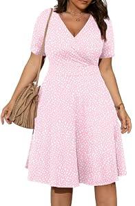 POSESHE Womens Plus Size Pink Dot Dresses for Wedding Guest Casual Summer Work Bridesmaid Cocktail Party Dress, Pink Dot, XL