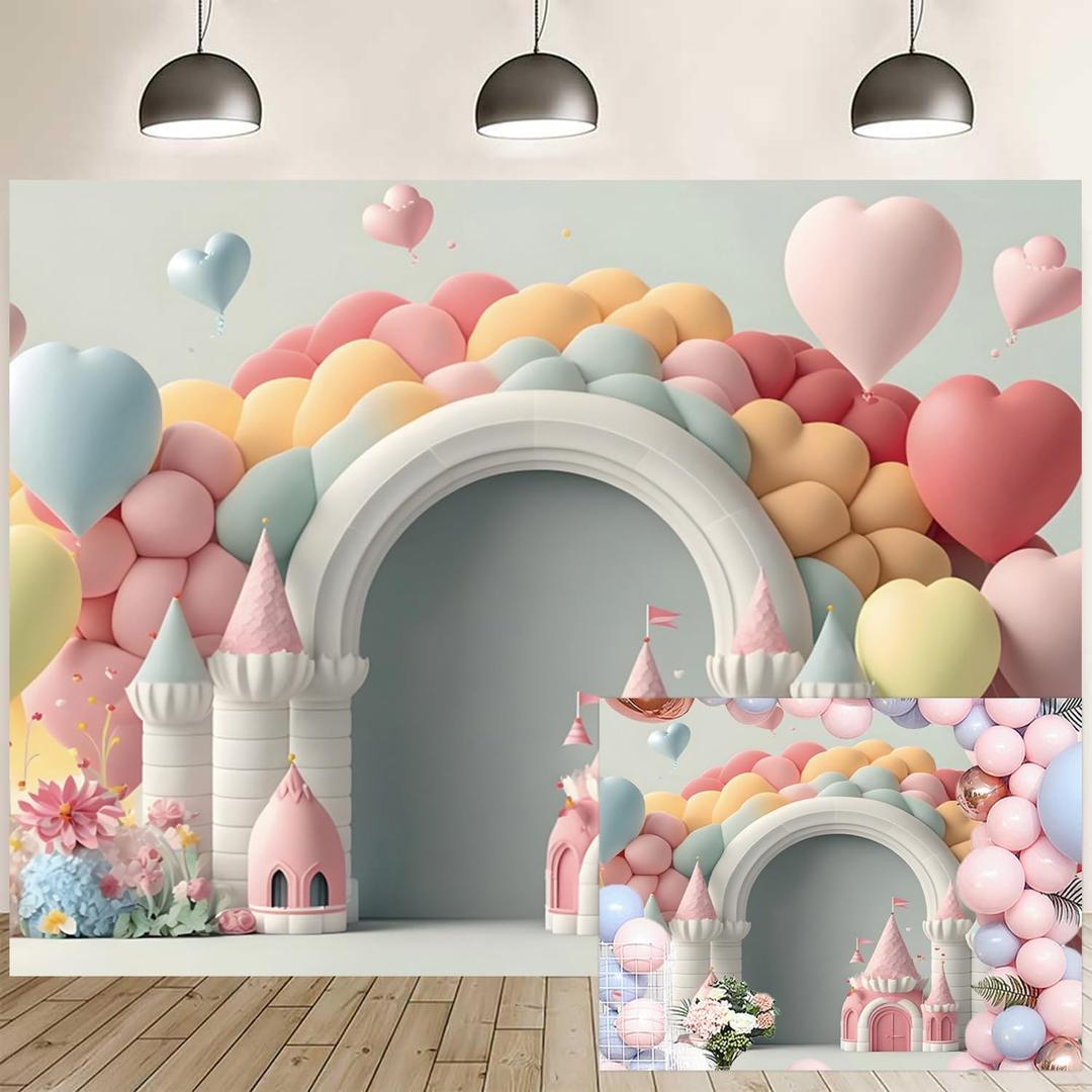 5x3ft Baby Shower Backdrop Pink Castle Balloon Arch Photography Background Sweet Heart Balloons Decorations Banner Girl Kids Birthday Newborn Party Photo Booth Props Studio Home Decor