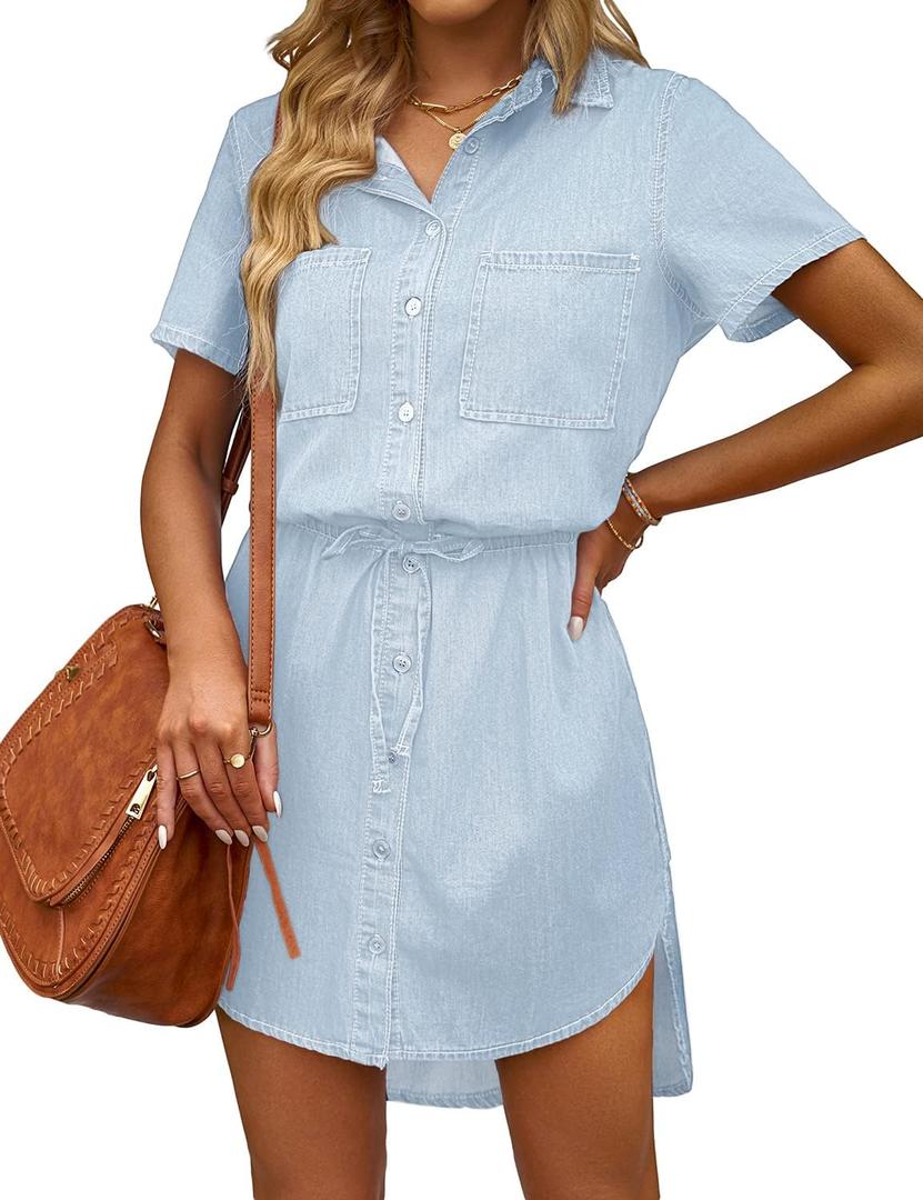 luvamia Women Casual Denim Dress Short Sleeve Tie Waist Classic Jean Shirt Dress (Medium, Mist Blue)
